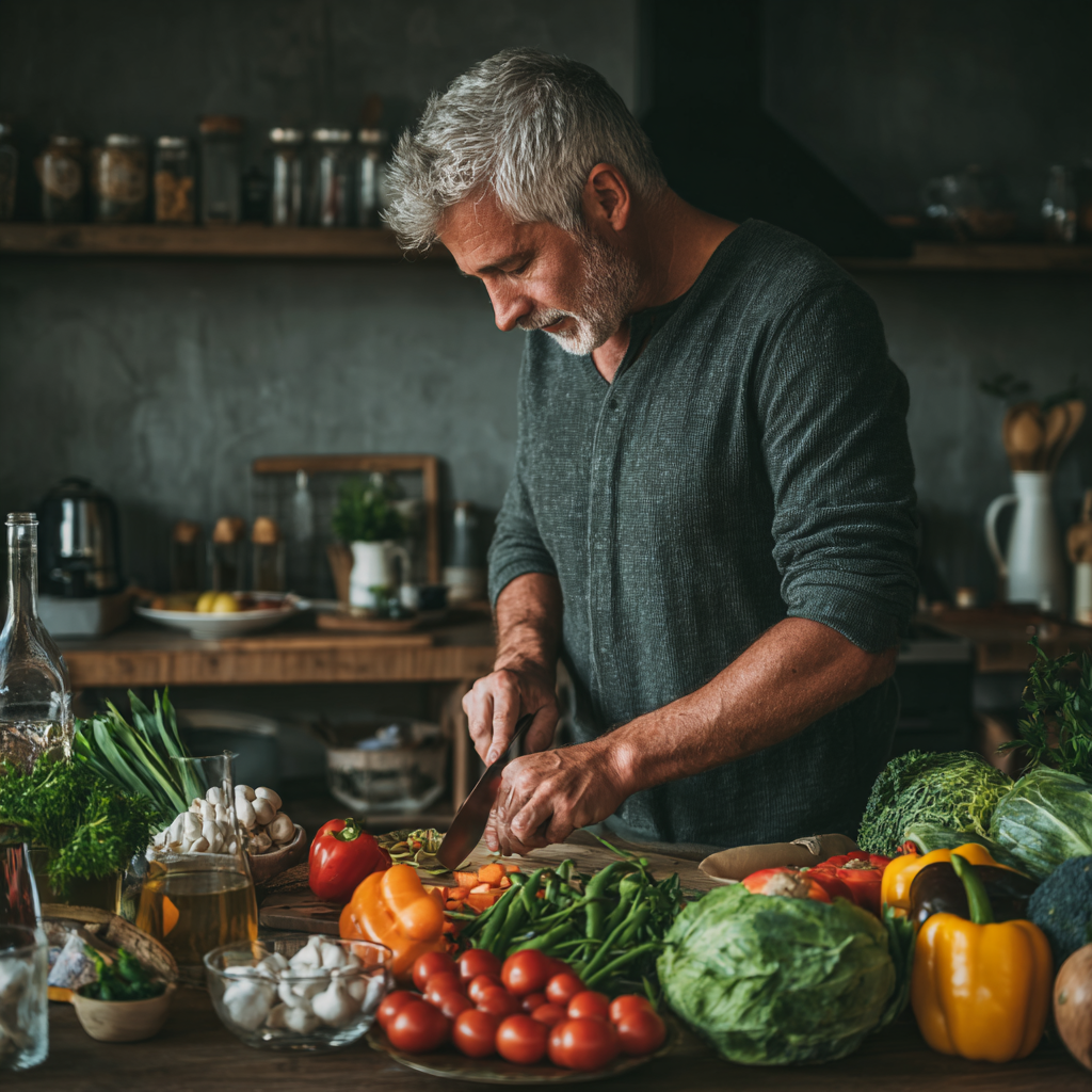 Middle-aged person preparing nutritious meal with fresh vegetables